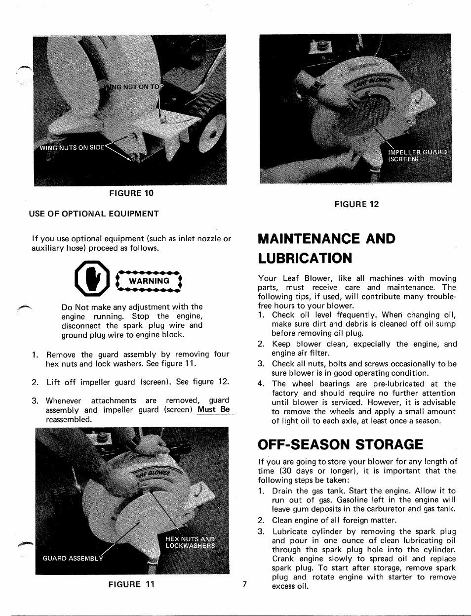 Use of optional equipment, Warning, Maintenance and lubrication | Off-season storage | MTD 240-690A User Manual | Page 7 / 10