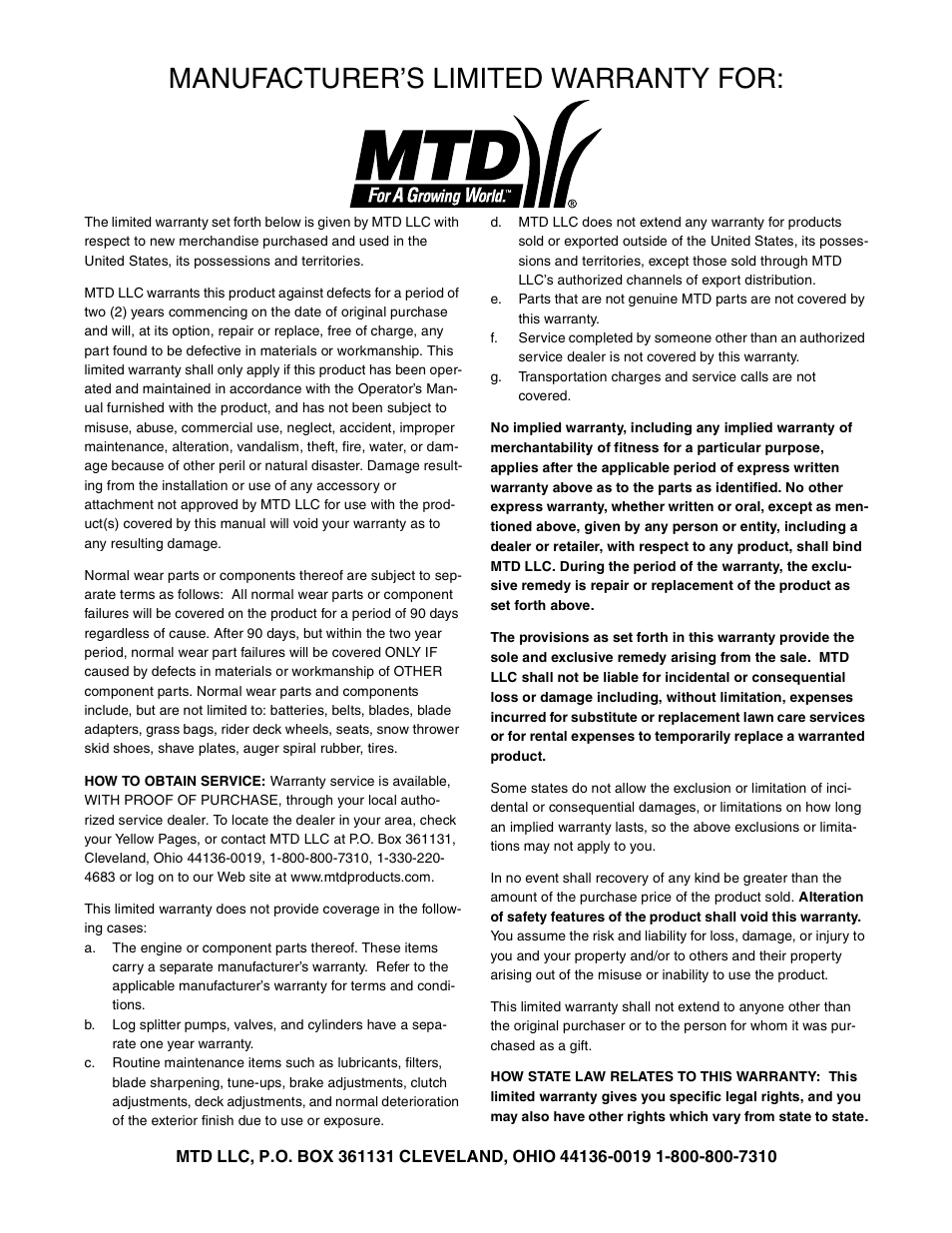 Manufacturer’s limited warranty for | MTD 643 User Manual | Page 28 / 28