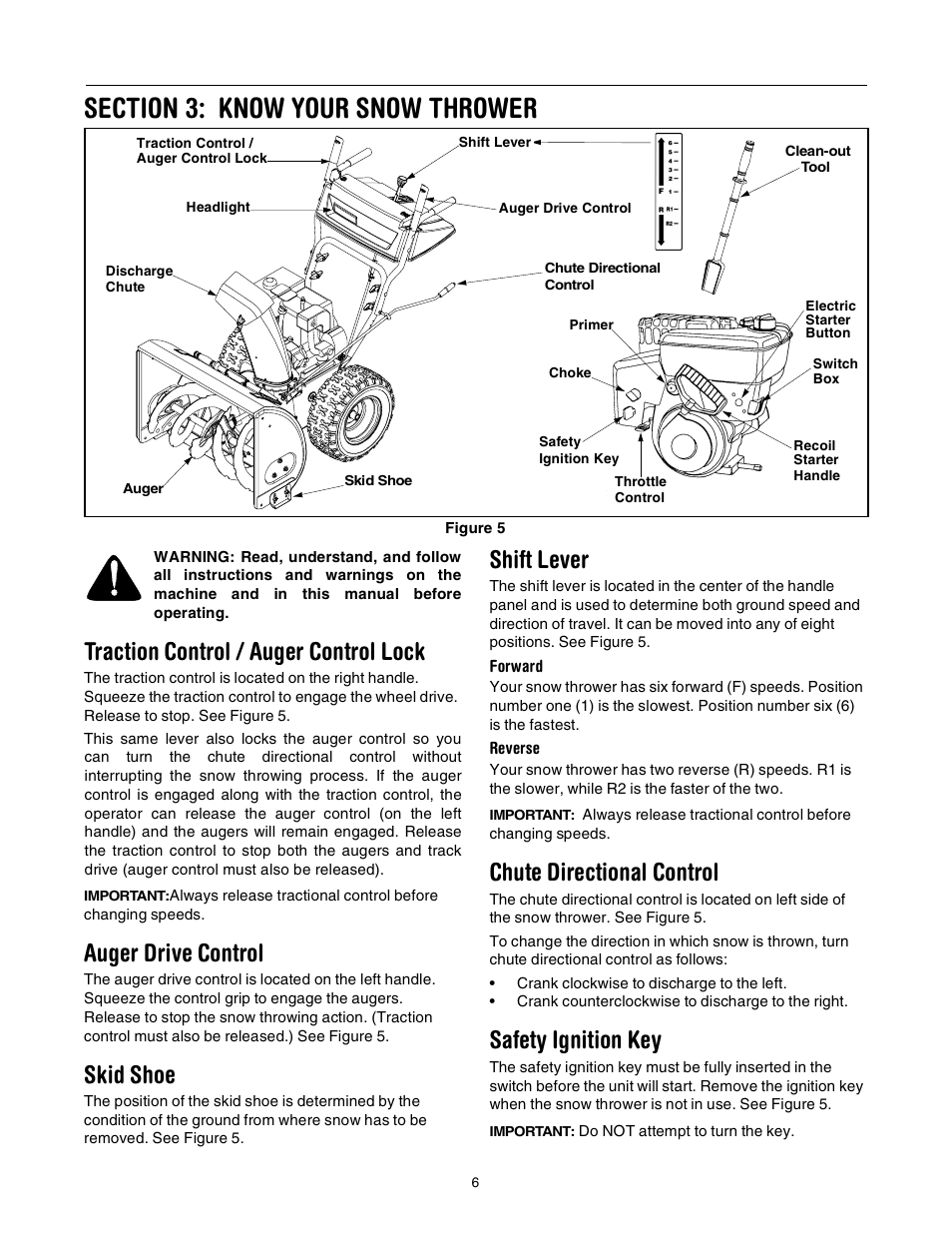 Traction control / auger control lock, Auger drive control, Skid shoe | Shift lever, Chute directional control, Safety ignition key | MTD 643 User Manual | Page 6 / 28