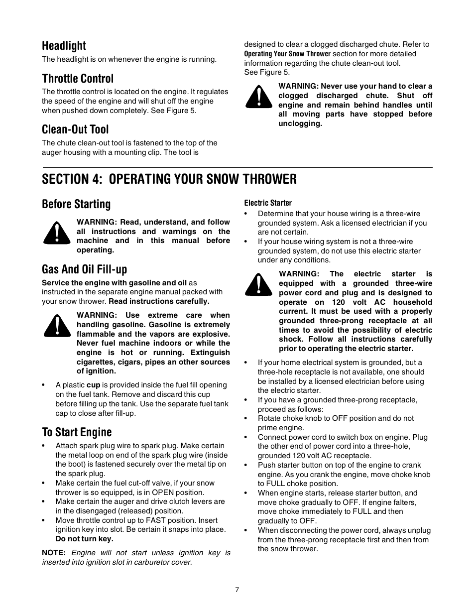 Headlight, Throttle control, Clean-out tool | Before starting, Gas and oil fill-up | MTD 643 User Manual | Page 7 / 28