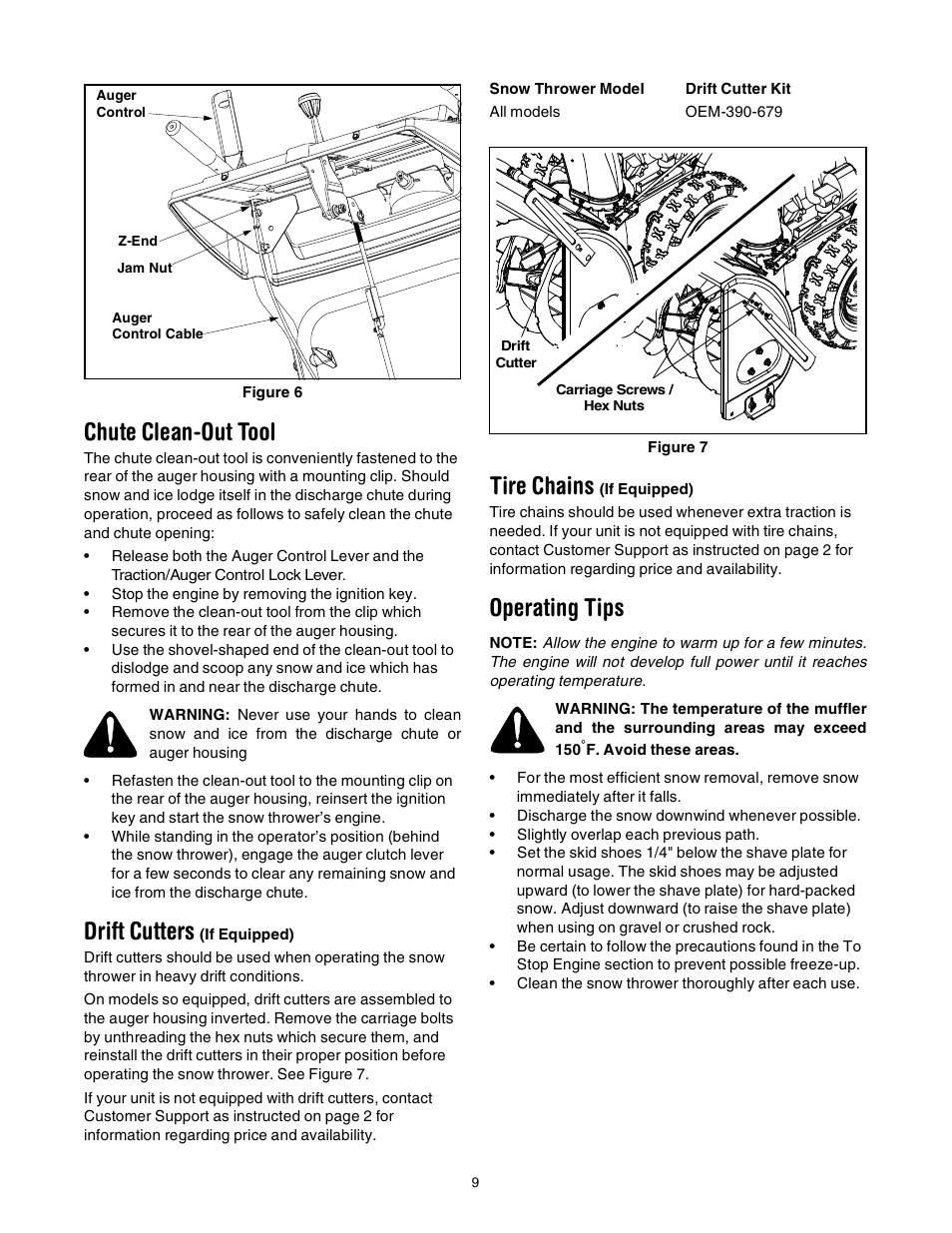 Chute clean-out tool, Drift cutters, Tire chains | Operating tips | MTD 643 User Manual | Page 9 / 28