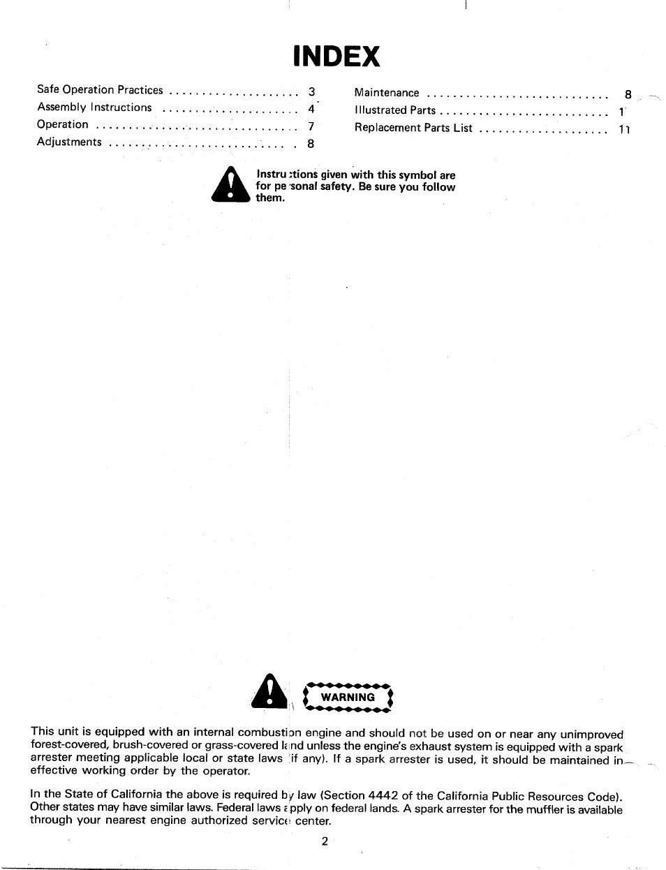 Index, I warning i | MTD 241665 User Manual | Page 2 / 12