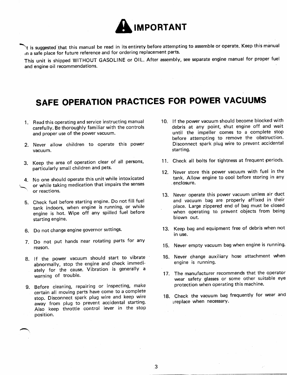 Important, Safe operation practices for power vacuums | MTD 241665 User Manual | Page 3 / 12