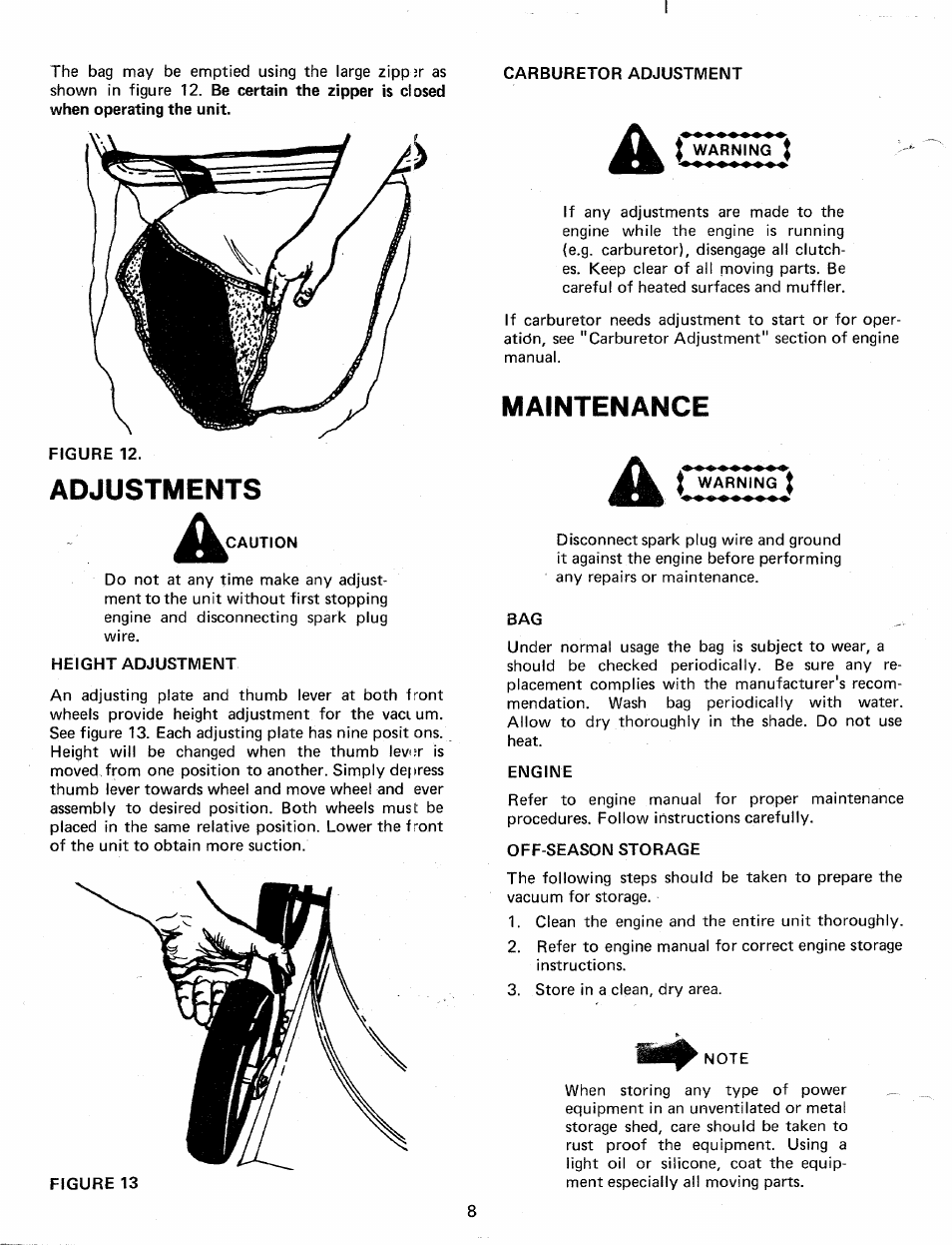 Carburetor adjustment, Height adjustment, Engine | Off-season storage, Adjustments, Maintenance | MTD 241665 User Manual | Page 8 / 12