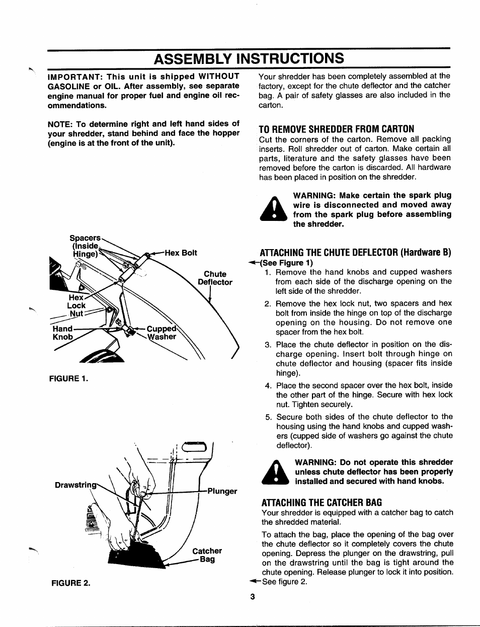 Assembly instructions, To remove shredder from carton, Ahaching the chute deflector (hardware b) | Ahaching the catcher bag | MTD 243-645A000 User Manual | Page 3 / 12