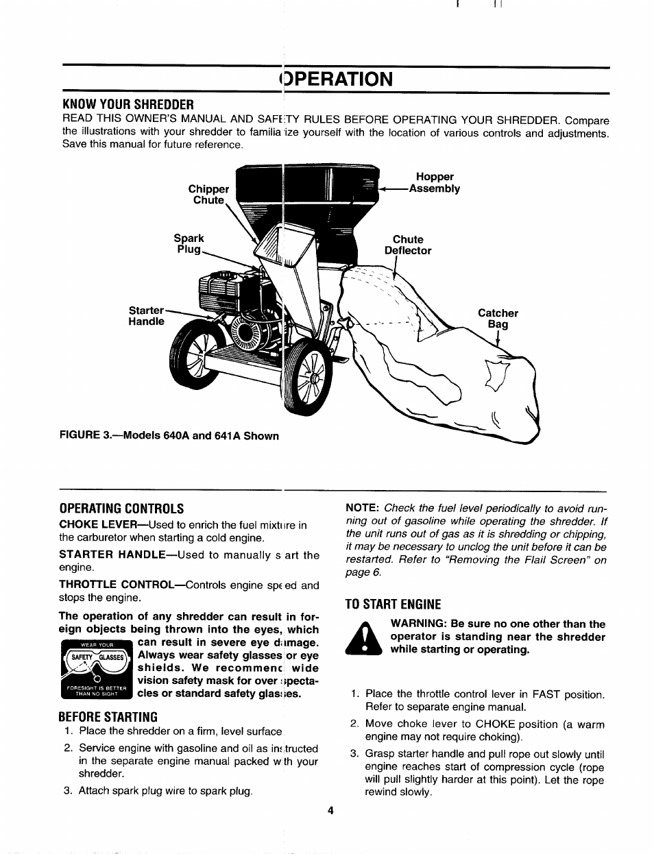 Operation, Know your shredder, Operating controls | Before starting, To start engine | MTD 243-645A000 User Manual | Page 4 / 12