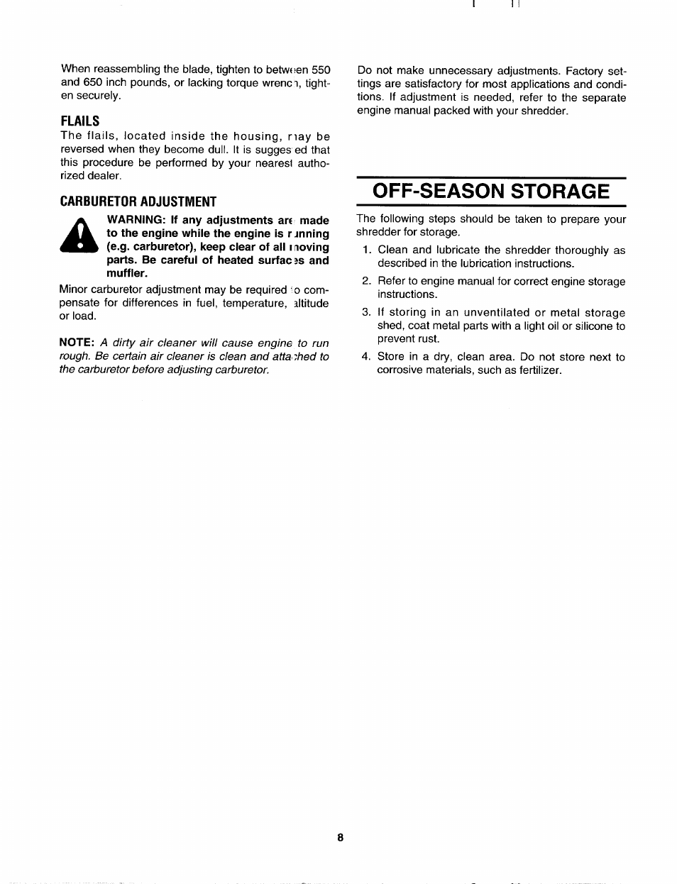 Flails, Carburetor adjustment, Off-season storage | MTD 243-645A000 User Manual | Page 8 / 12