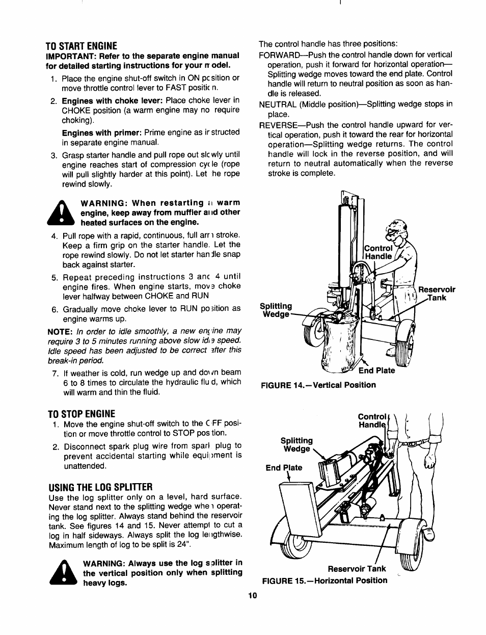 To start engine, To stop engine, Using the log spliher | MTD 638 User Manual | Page 10 / 16
