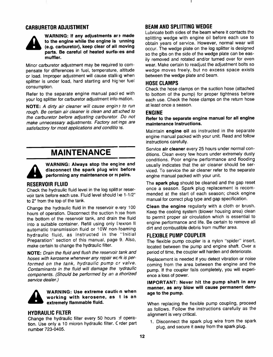 Carburetor adjustment, Maintenance, Reservoir fluid | Hydraulic filter, Beam and splining wedge, Hdse clamps, Engine, Flexible pump cdupler | MTD 638 User Manual | Page 12 / 16