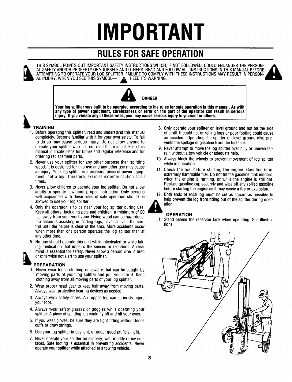 Important, Rules for safe operation, Danger | Training, Operation, Preparation | MTD 638 User Manual | Page 3 / 16