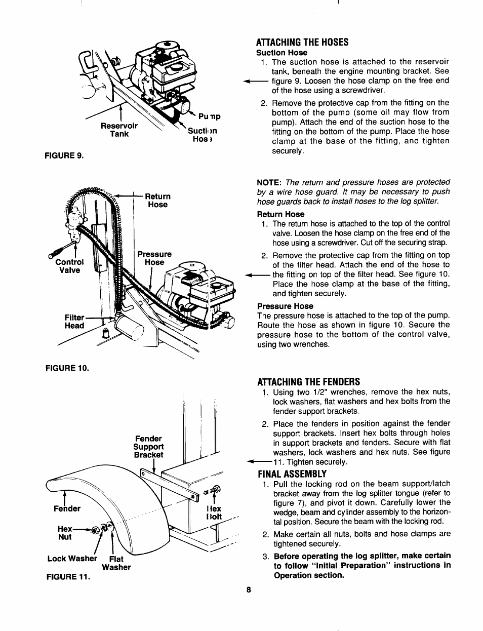 Ahaching the hoses, Ahaching the fenders, Final assembly | MTD 638 User Manual | Page 8 / 16