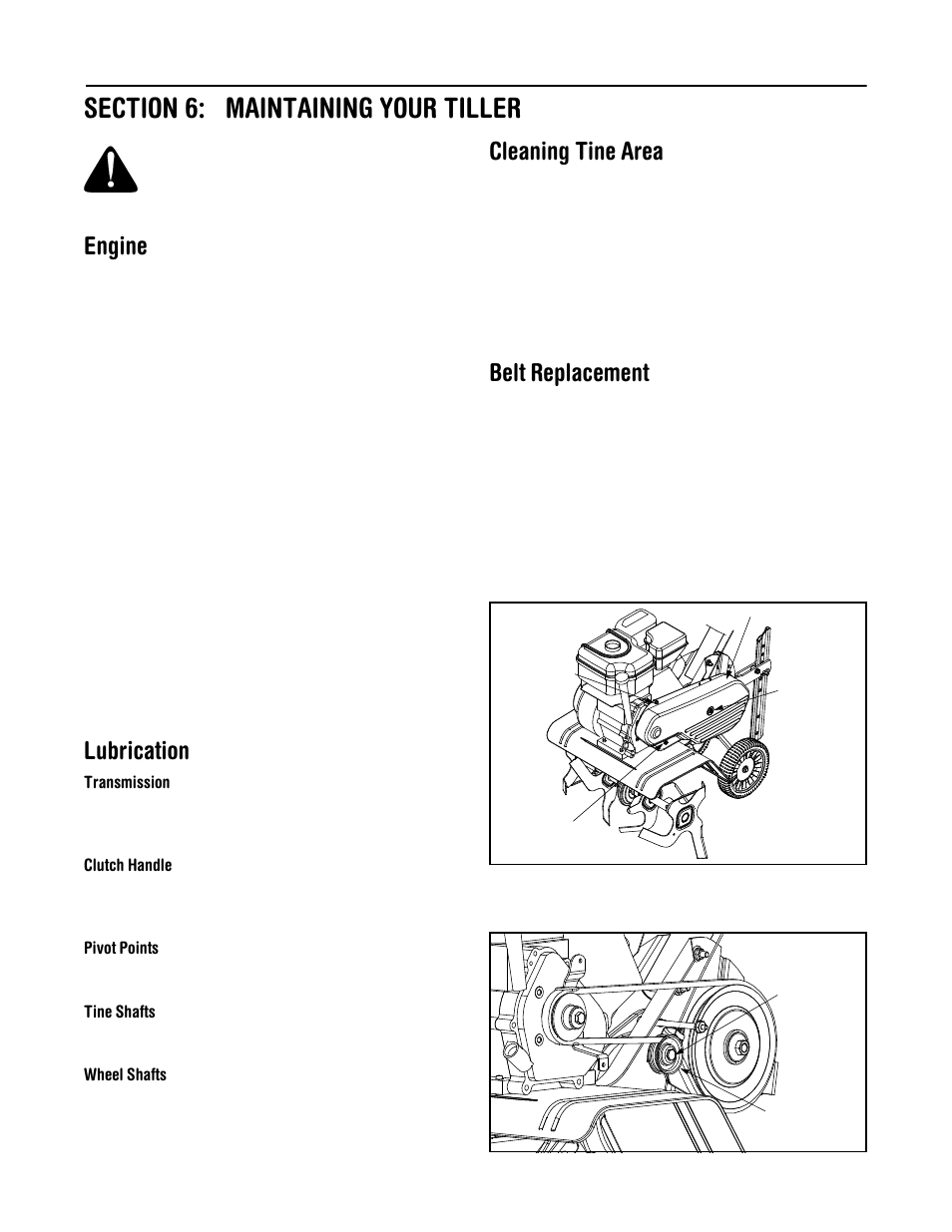 Engine, Lubrication, Cleaning tine area | Belt replacement | MTD 330 Series User Manual | Page 10 / 16