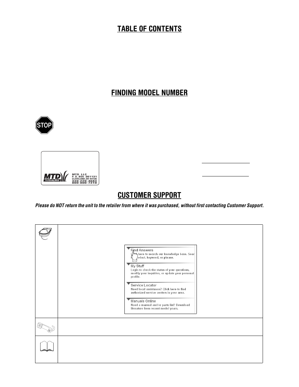 Table of contents finding model number, Customer support | MTD 330 Series User Manual | Page 2 / 16