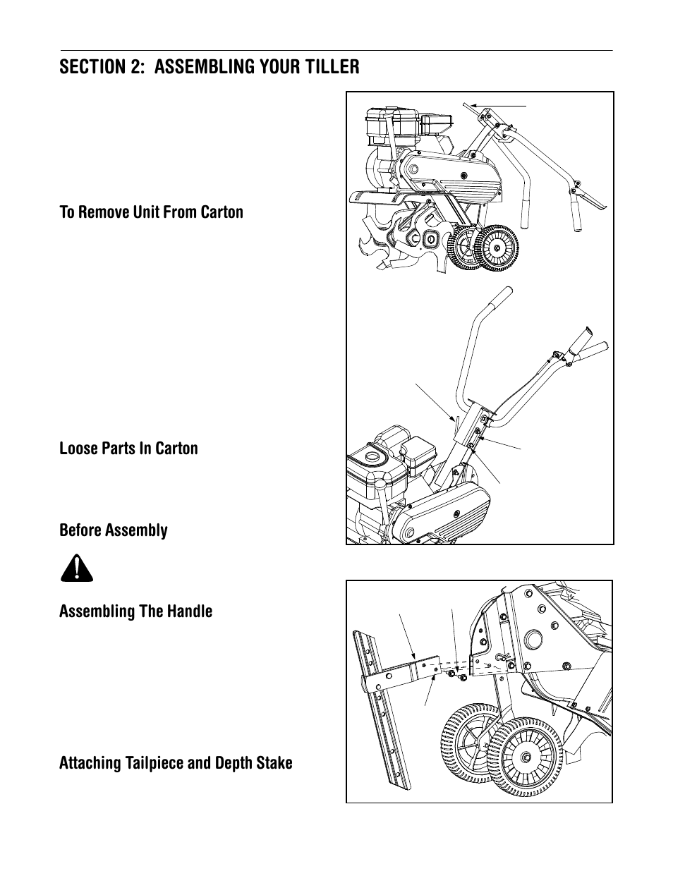 Loose parts in carton, Before assembly, Assembling the handle | Attaching tailpiece and depth stake | MTD 330 Series User Manual | Page 5 / 16