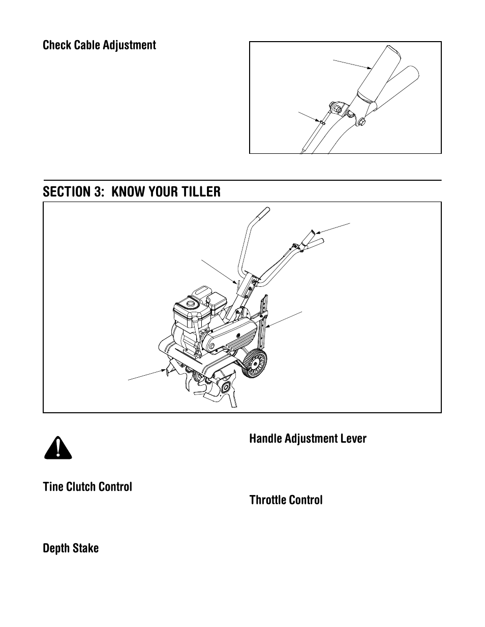 Check cable adjustment, Tine clutch control, Depth stake | Handle adjustment lever, Throttle control | MTD 330 Series User Manual | Page 6 / 16