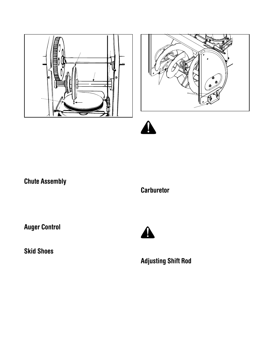 Chute assembly, Auger control, Skid shoes | Carburetor, Adjusting shift rod | MTD 614E User Manual | Page 16 / 32