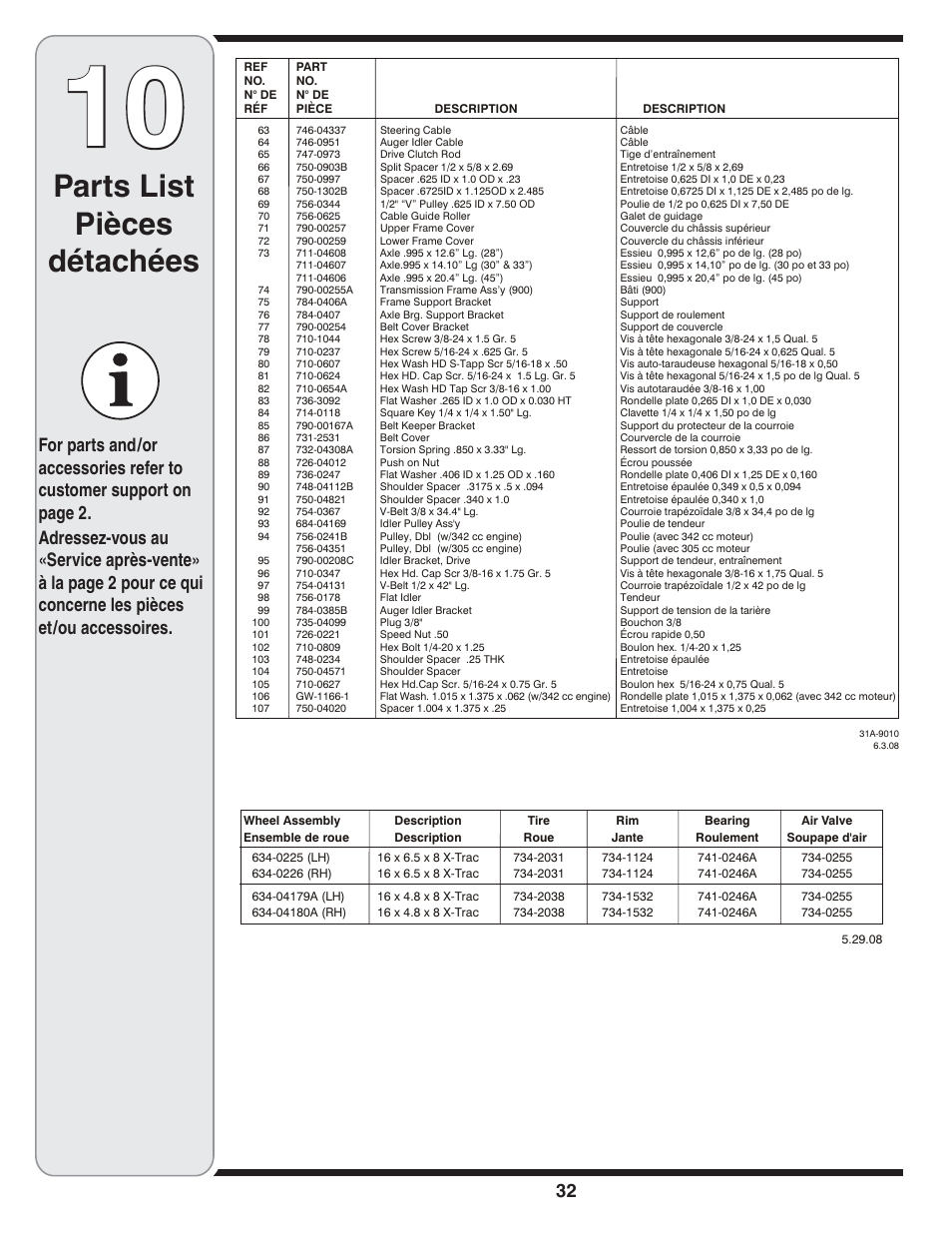 Parts list pièces détachées | MTD 769-04095 User Manual | Page 32 / 56
