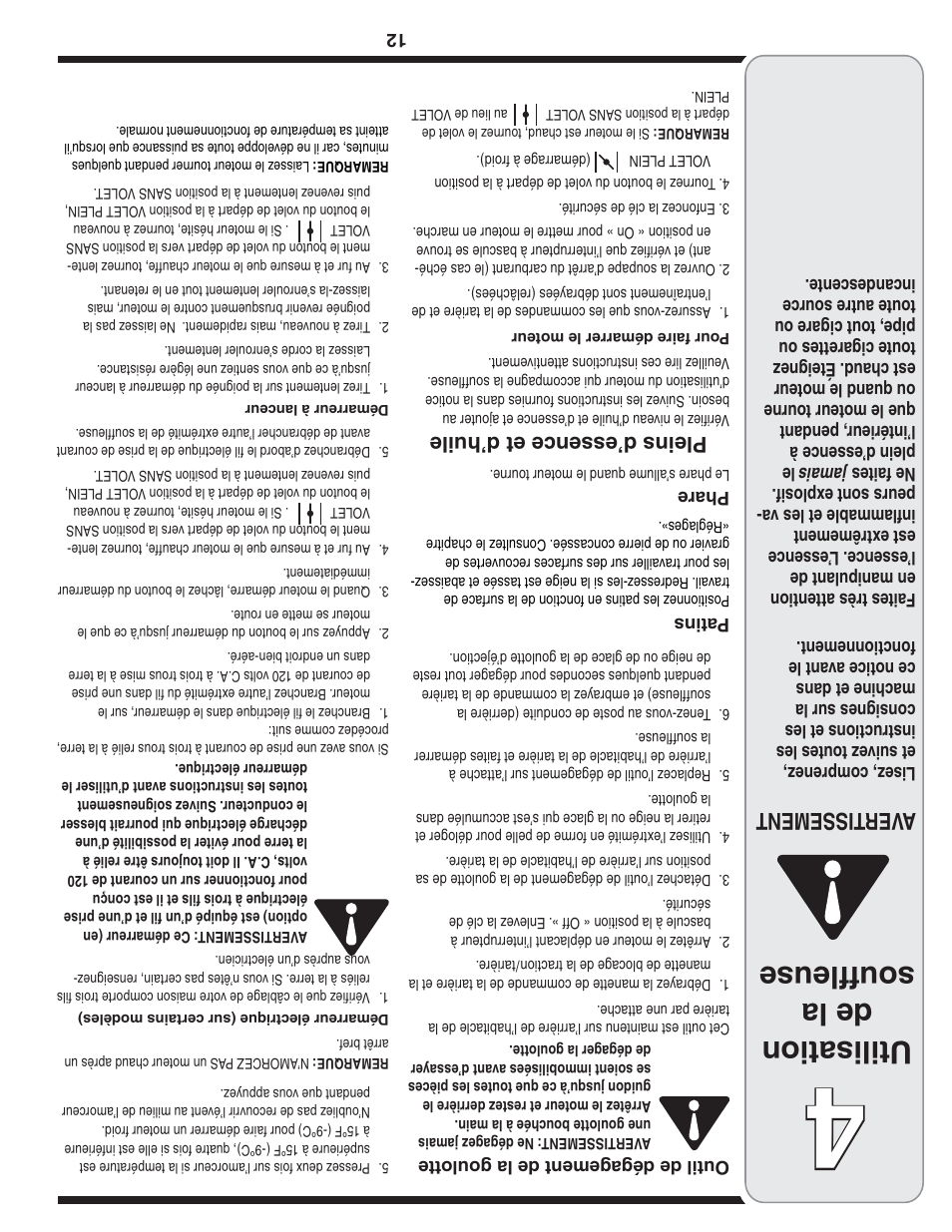 Utilisation de la souffleuse, Aver tissement, Pleins d’essence et d’huile | MTD 769-04095 User Manual | Page 45 / 56