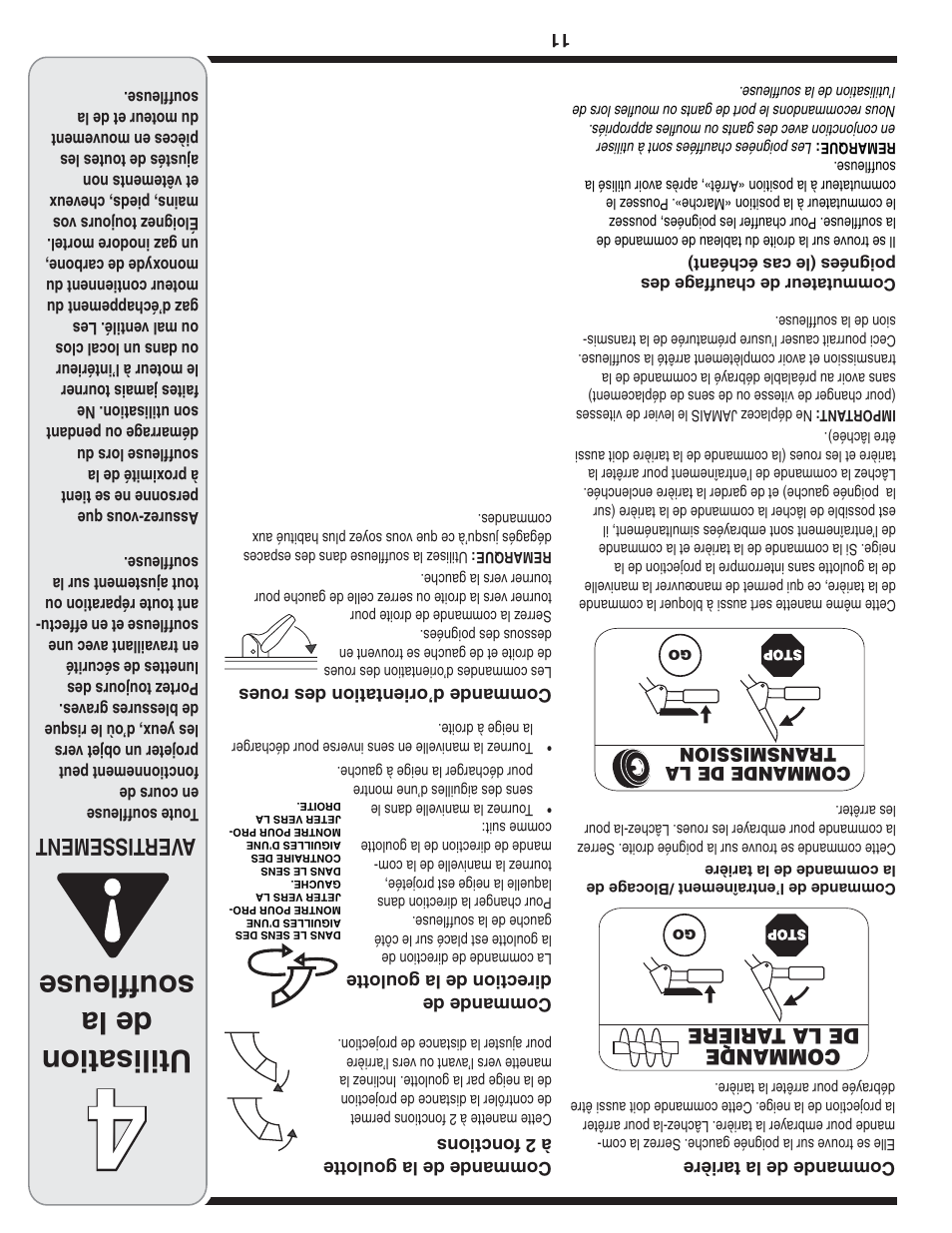 Utilisation de la souffleuse, Aver tissement | MTD 769-04095 User Manual | Page 46 / 56