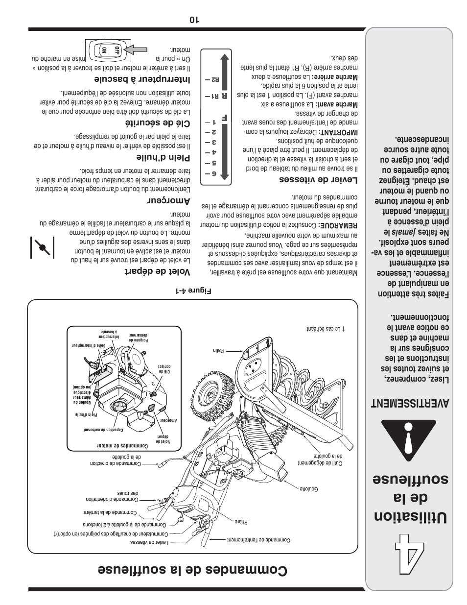 Utilisation de la souffleuse, Commandes de la souffleuse, Aver tissement | MTD 769-04095 User Manual | Page 47 / 56