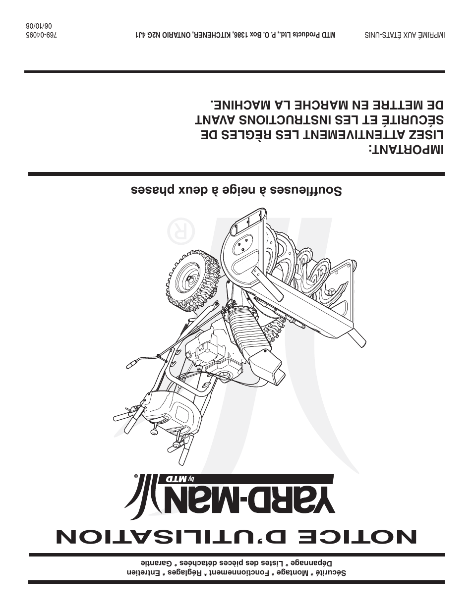 Notice d’utilisa tion, Souffleuses à neige à deux phases | MTD 769-04095 User Manual | Page 56 / 56