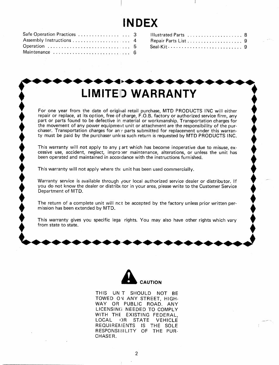 Index, Limited warranty | MTD 24632S User Manual | Page 2 / 12