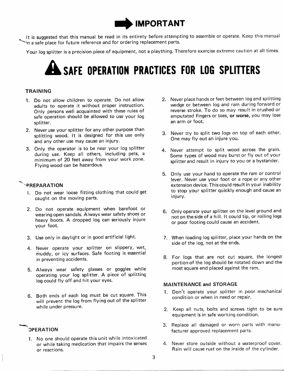 Important, Safe operation practices for log splitters | MTD 24632S User Manual | Page 3 / 12