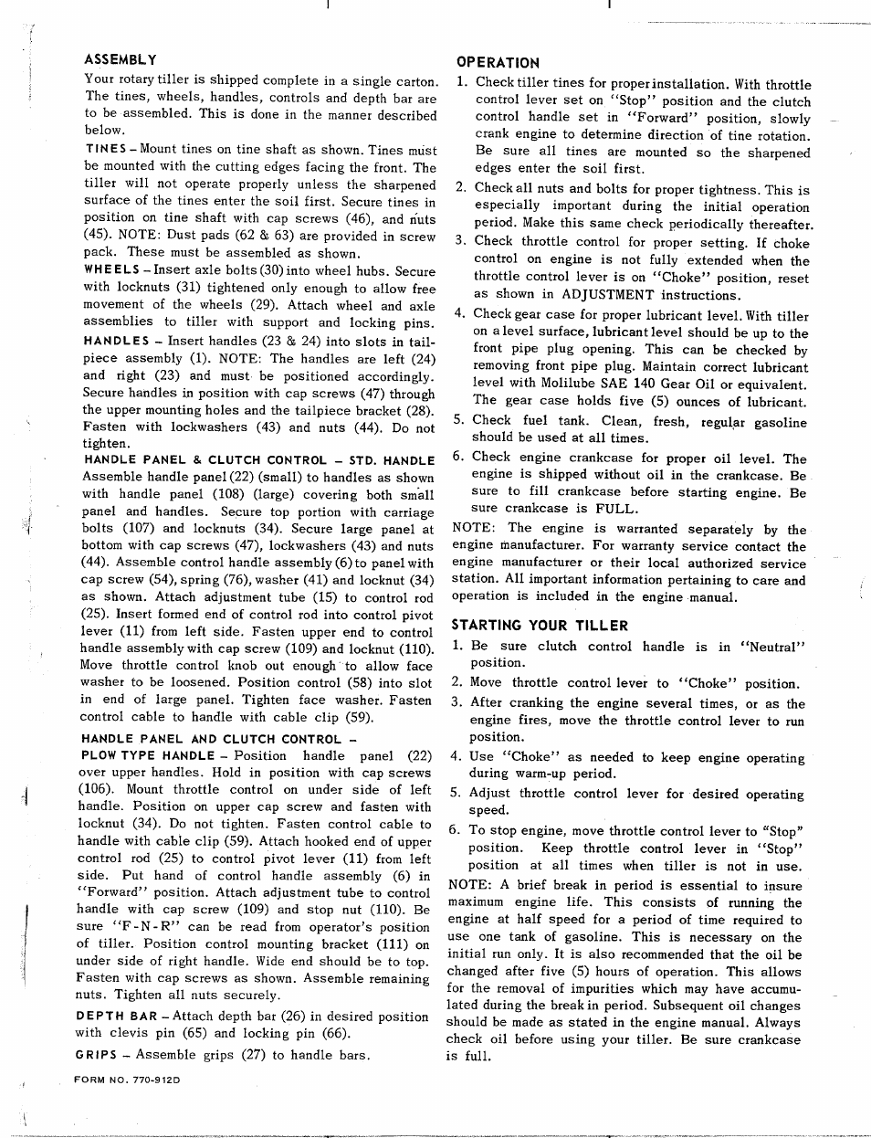 Assembly, Operation, Starting your tiller | MTD 217-300 User Manual | Page 4 / 8