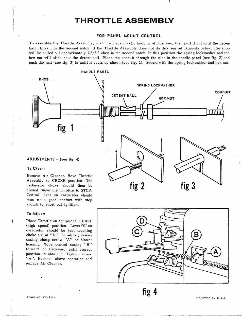 Throttle assembly, For panel mount control, To adjust | MTD 217-300 User Manual | Page 8 / 8