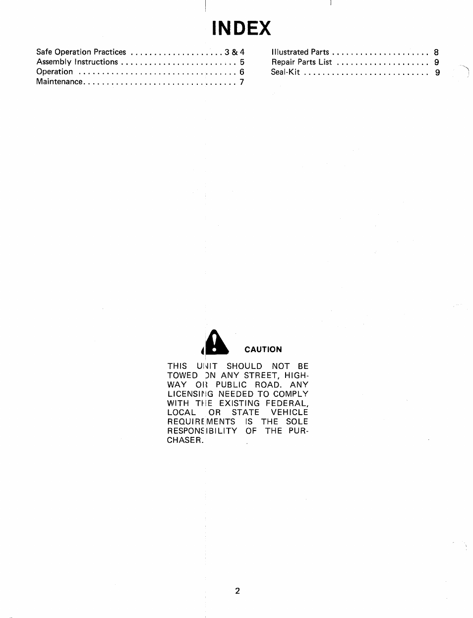 Index, Caution | MTD 246-632-000 User Manual | Page 2 / 10