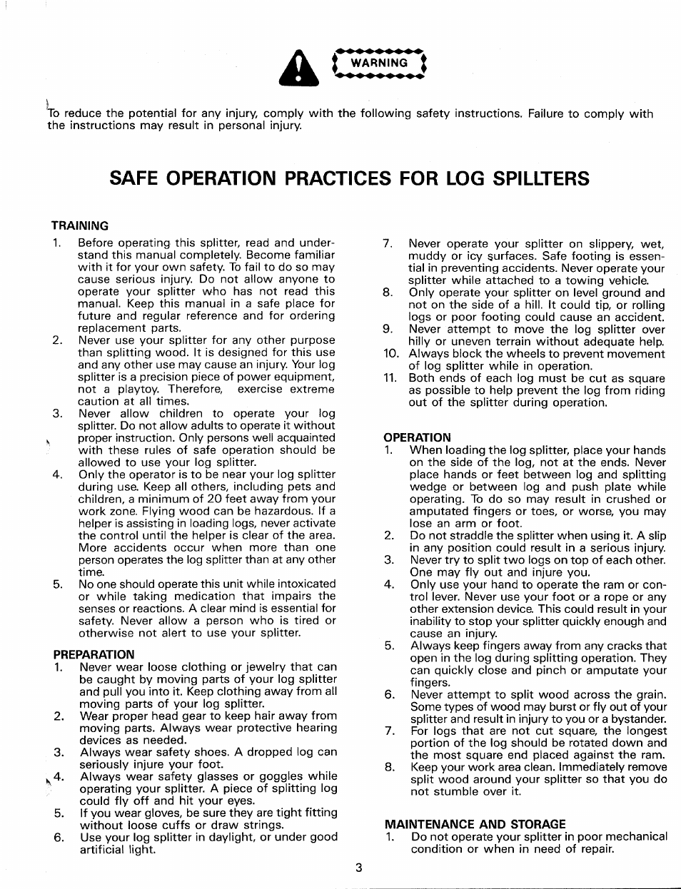 Safe operation practices for log spillters, Training, Preparation | Operation, Maintenance and storage | MTD 246-632-000 User Manual | Page 3 / 10