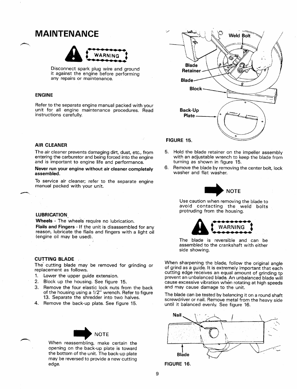 Maintenance, Engine, Air cleaner | Lubrication, Cutting blade | MTD 248-650-000 User Manual | Page 9 / 16