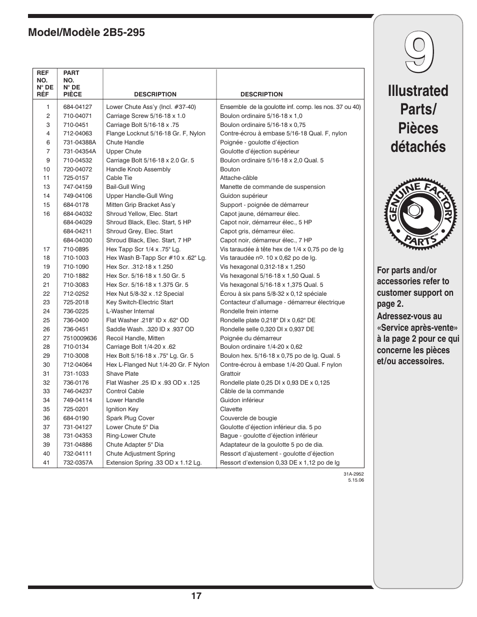 Illustrated parts/ pièces détachés | MTD 2B5 User Manual | Page 17 / 32