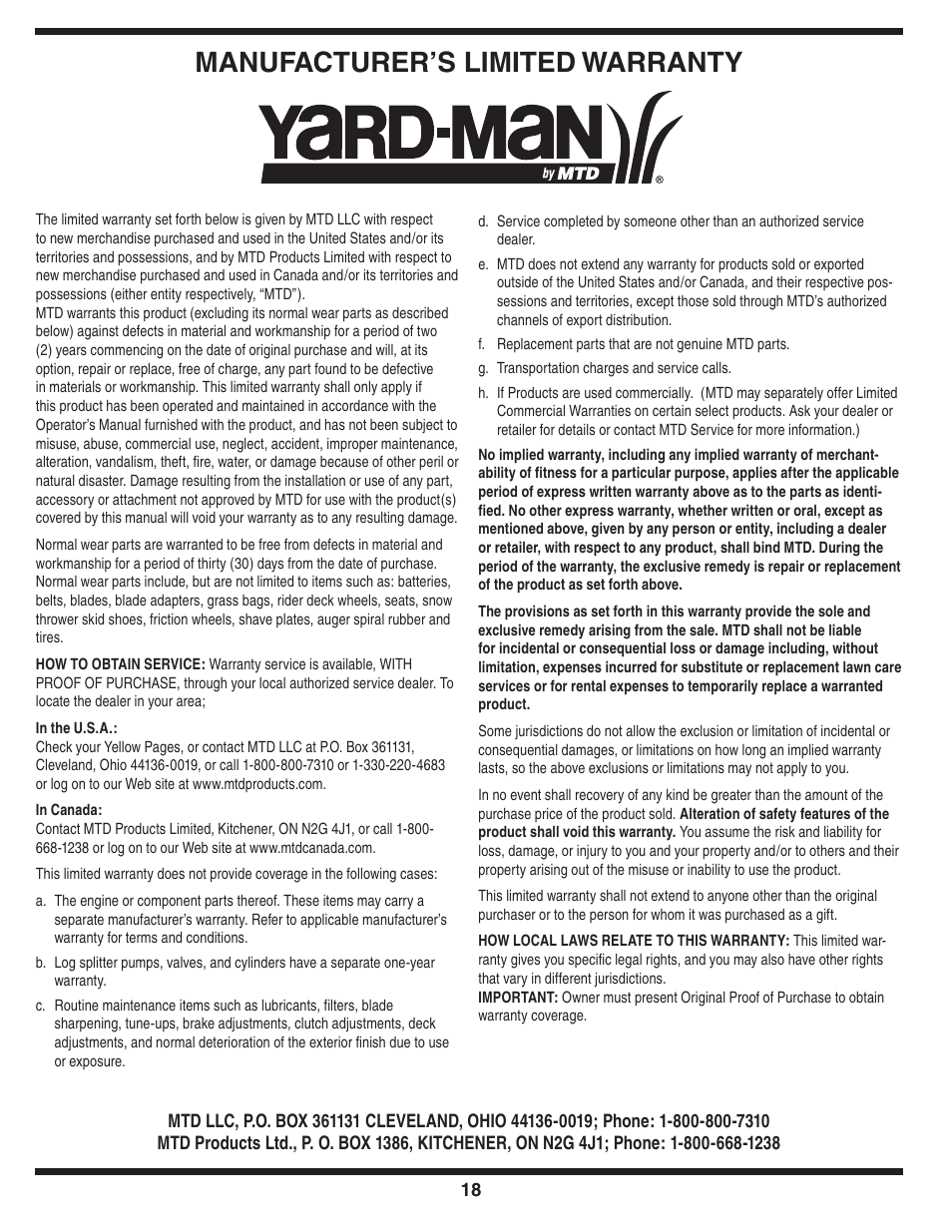 Manufacturer’s limited warranty | MTD 2B5 User Manual | Page 18 / 32