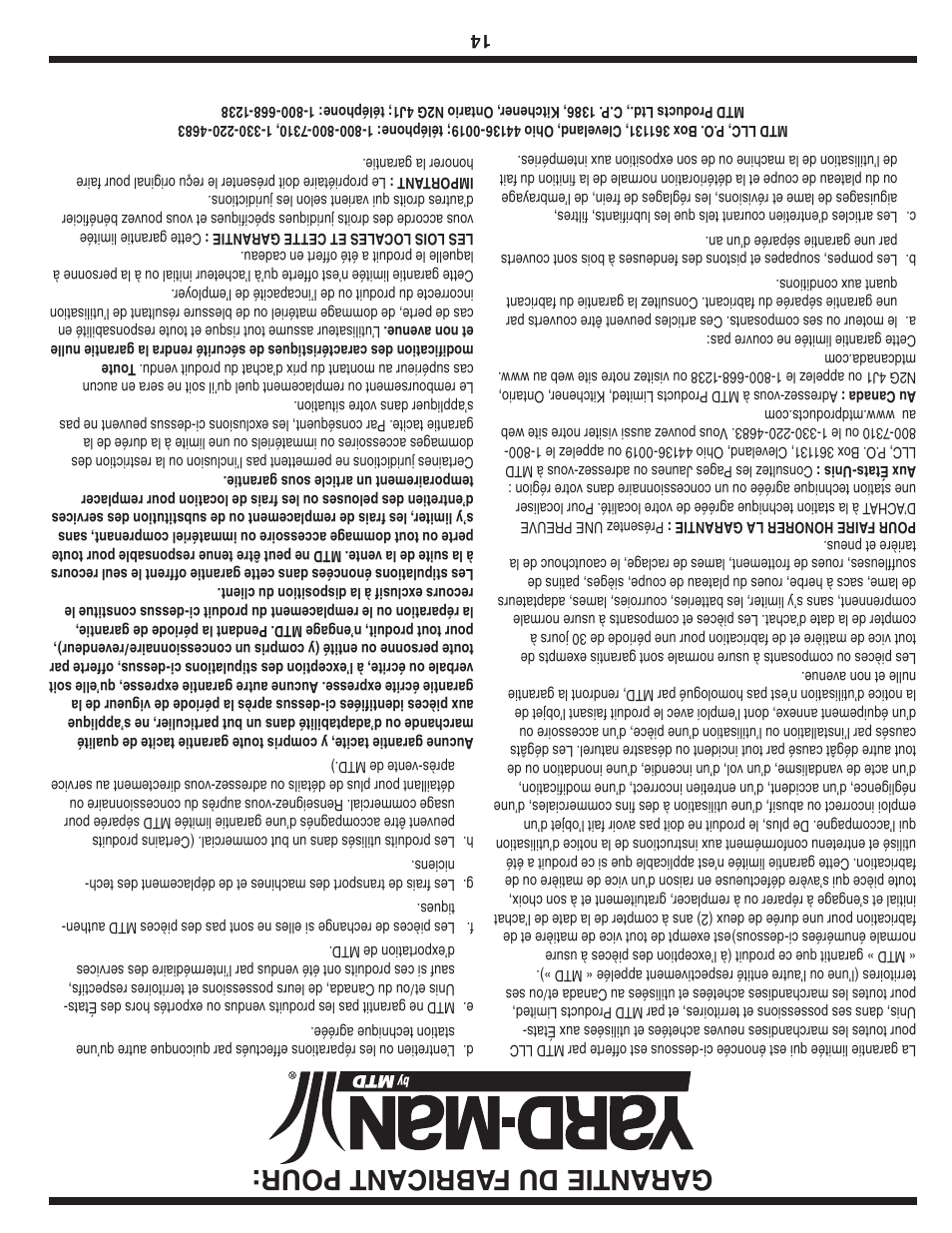 Garantie du fabricant pour | MTD 2B5 User Manual | Page 19 / 32