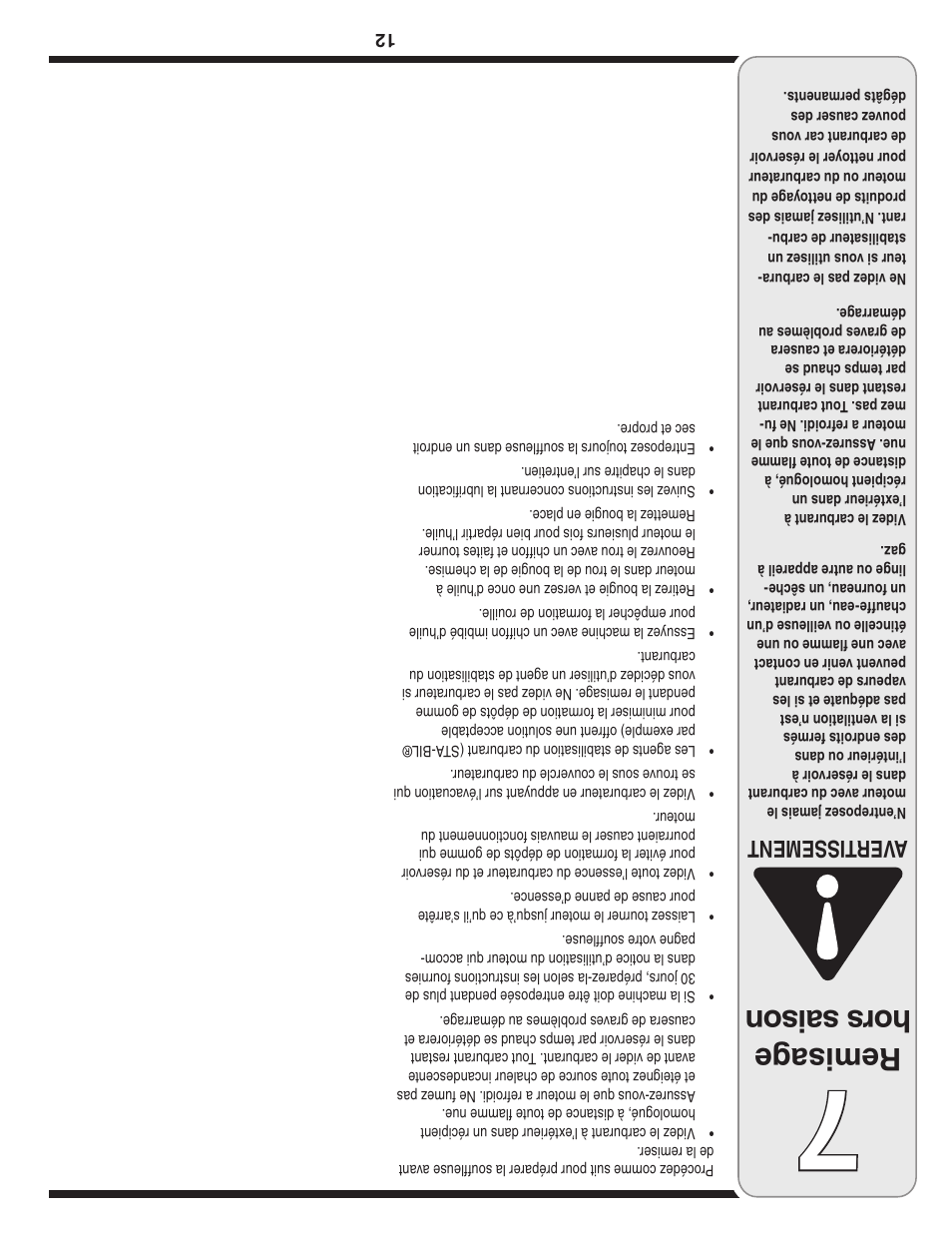 Remisag e hor s s ais on, Aver tissement | MTD 2B5 User Manual | Page 21 / 32