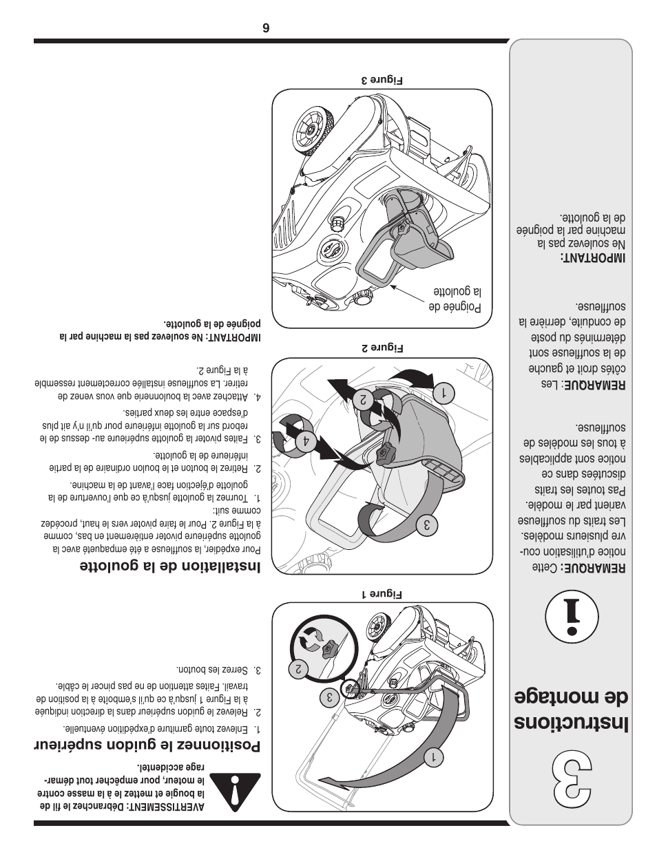 Ins tru ctio ns de mon tag e, Positionnez le guidon supérieur, Installation de la goulotte | MTD 2B5 User Manual | Page 27 / 32