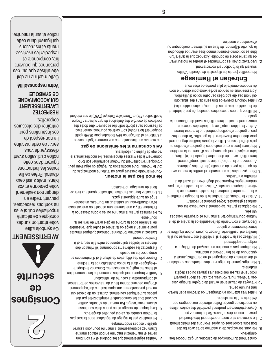 Con sig nes de sécurité, Aver tissement, Entretien et remisag e | MTD 2B5 User Manual | Page 28 / 32