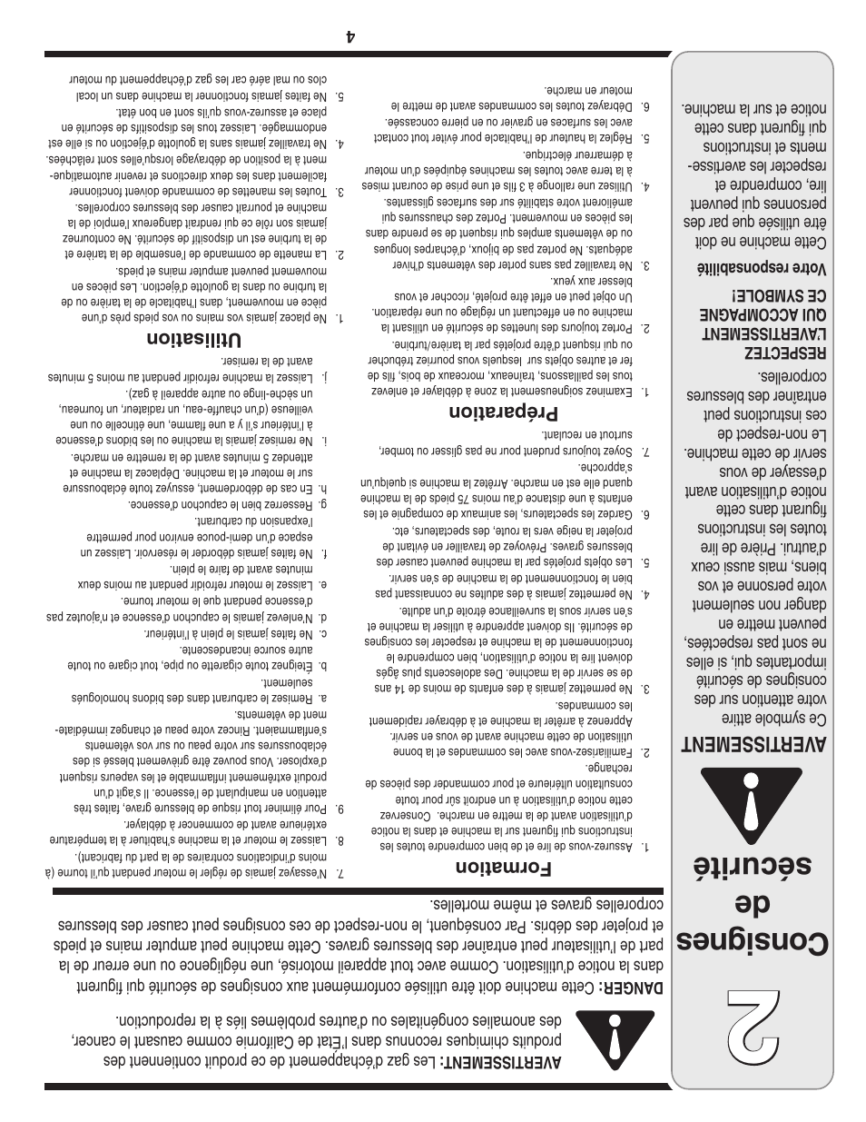 Con sig nes de sécurité, Aver tissement, Formation | Préparation, Utilisation | MTD 2B5 User Manual | Page 29 / 32
