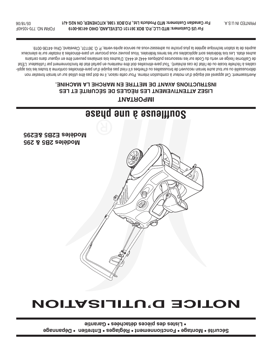 Notice d’utilisa tion, Soufﬂeuse à une phase, Important | MTD 2B5 User Manual | Page 32 / 32