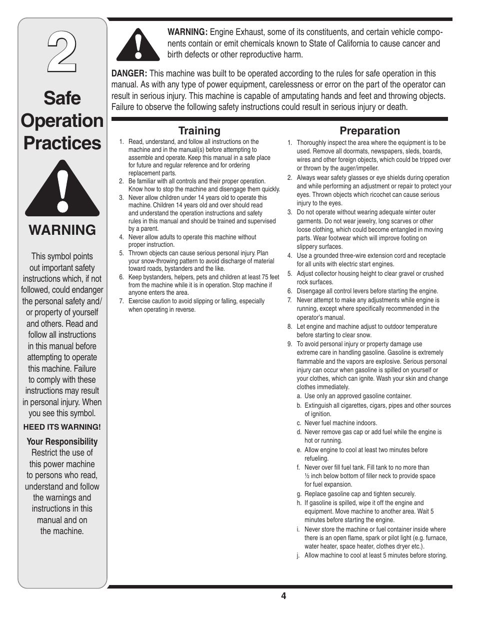 Safe operation practices, Warning, Training | Preparation | MTD 2B5 User Manual | Page 4 / 32