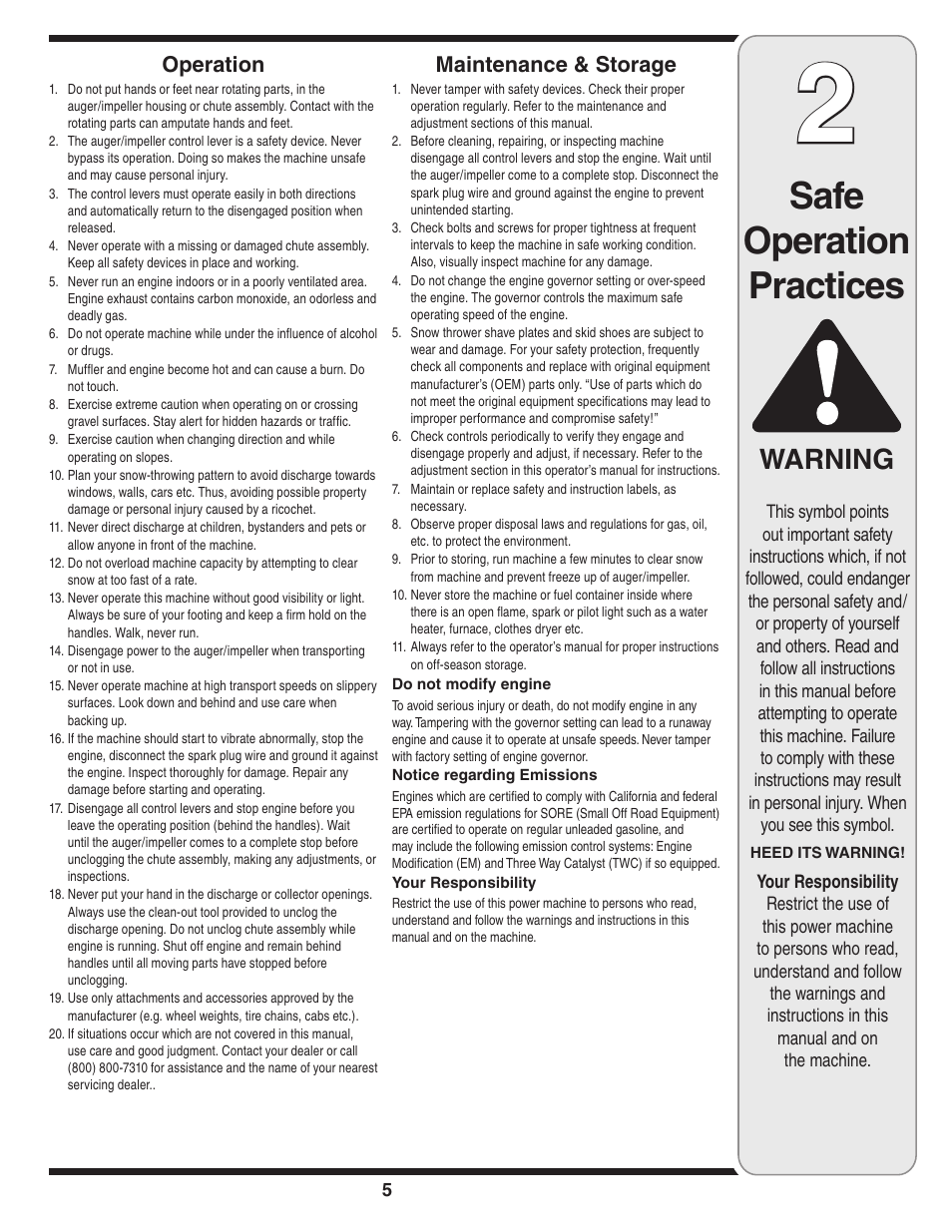 Safe operation practices, Warning, Maintenance & storage | Operation | MTD 2B5 User Manual | Page 5 / 32