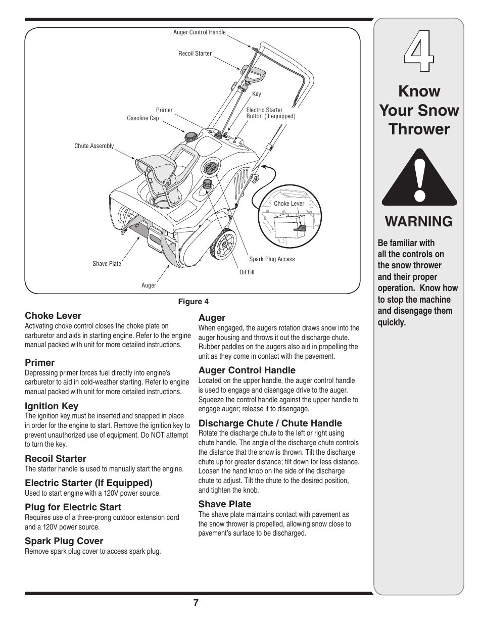 Know your snow thrower, Warning | MTD 2B5 User Manual | Page 7 / 32