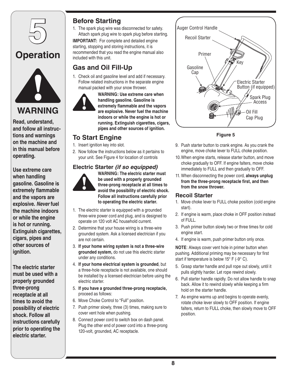 Operation, Warning, Before starting | Gas and oil fill-up | MTD 2B5 User Manual | Page 8 / 32