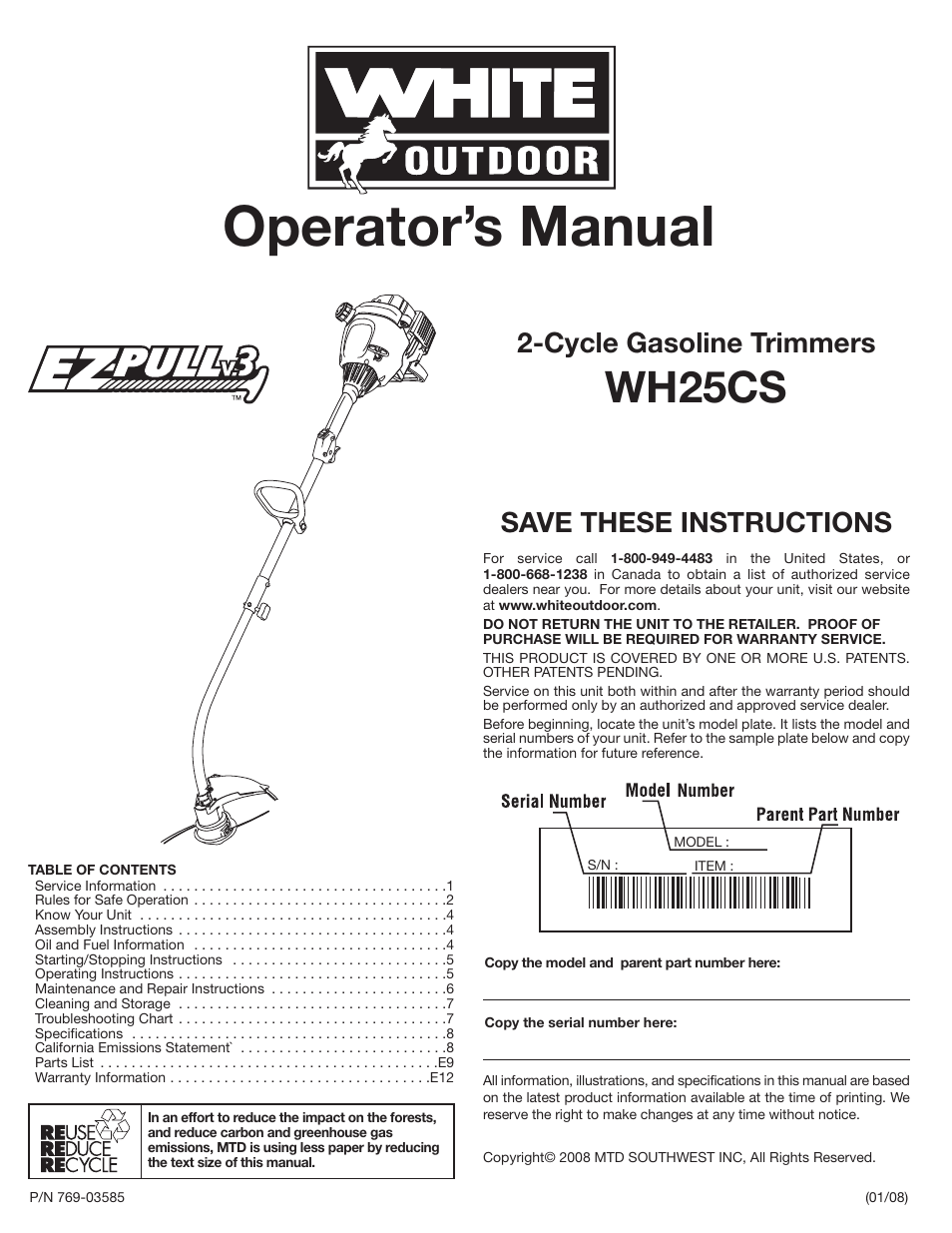 MTD WH25CS User Manual | 28 pages