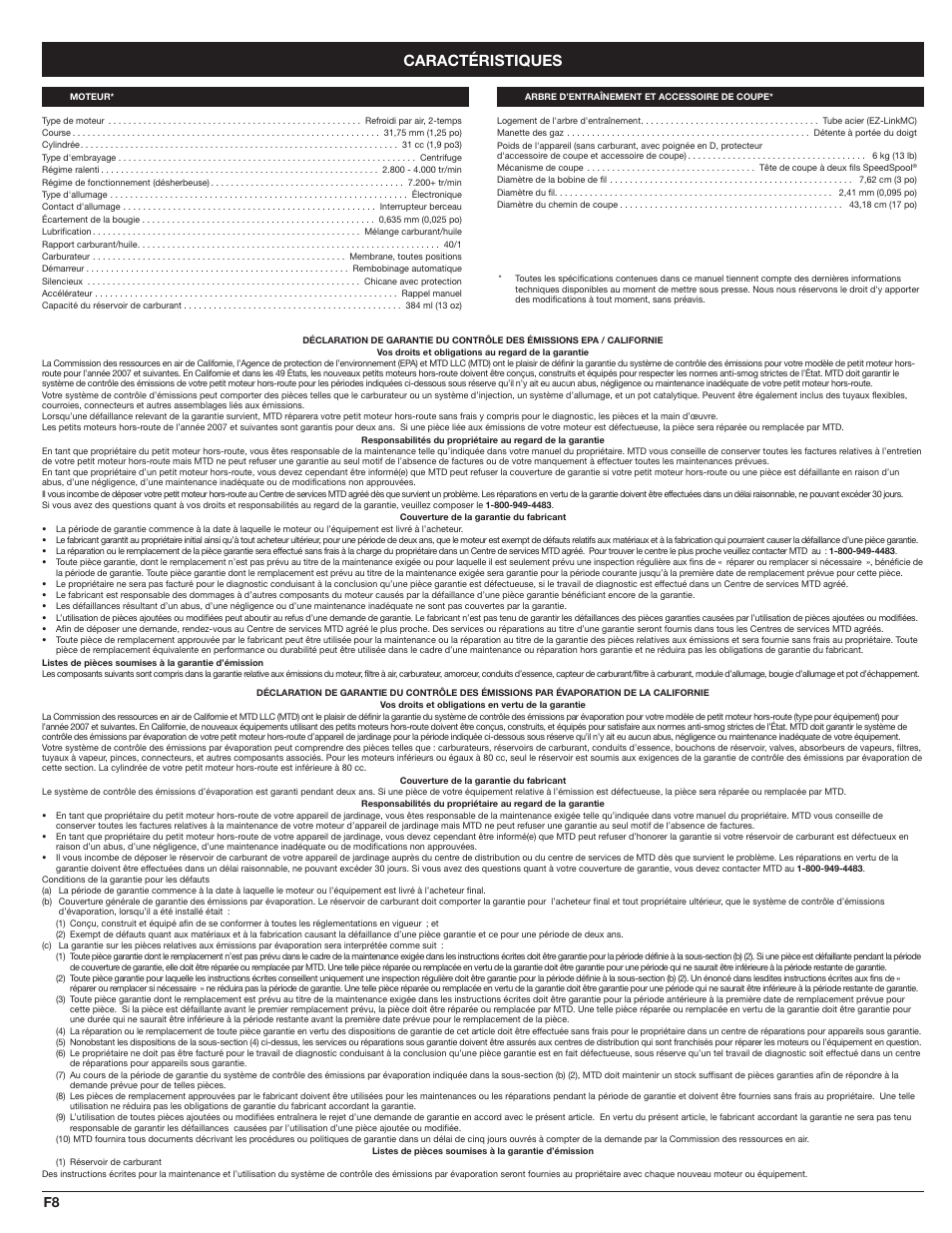 Caractéristiques | MTD WH25CS User Manual | Page 16 / 28