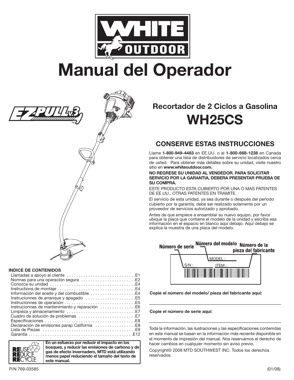 Manual del operador, Wh25cs, Recortador de 2 ciclos a gasolina | MTD WH25CS User Manual | Page 17 / 28