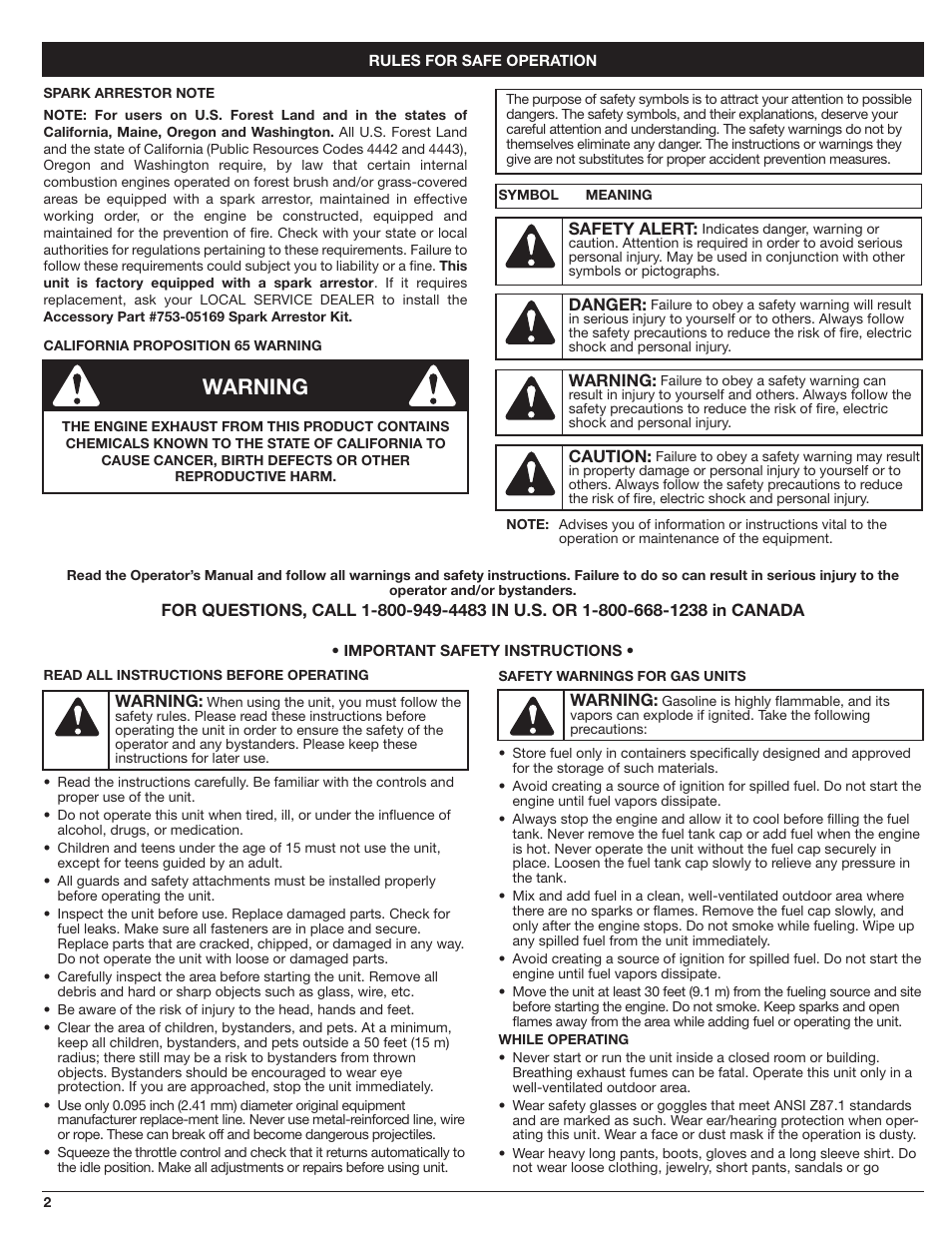 Warning | MTD WH25CS User Manual | Page 2 / 28