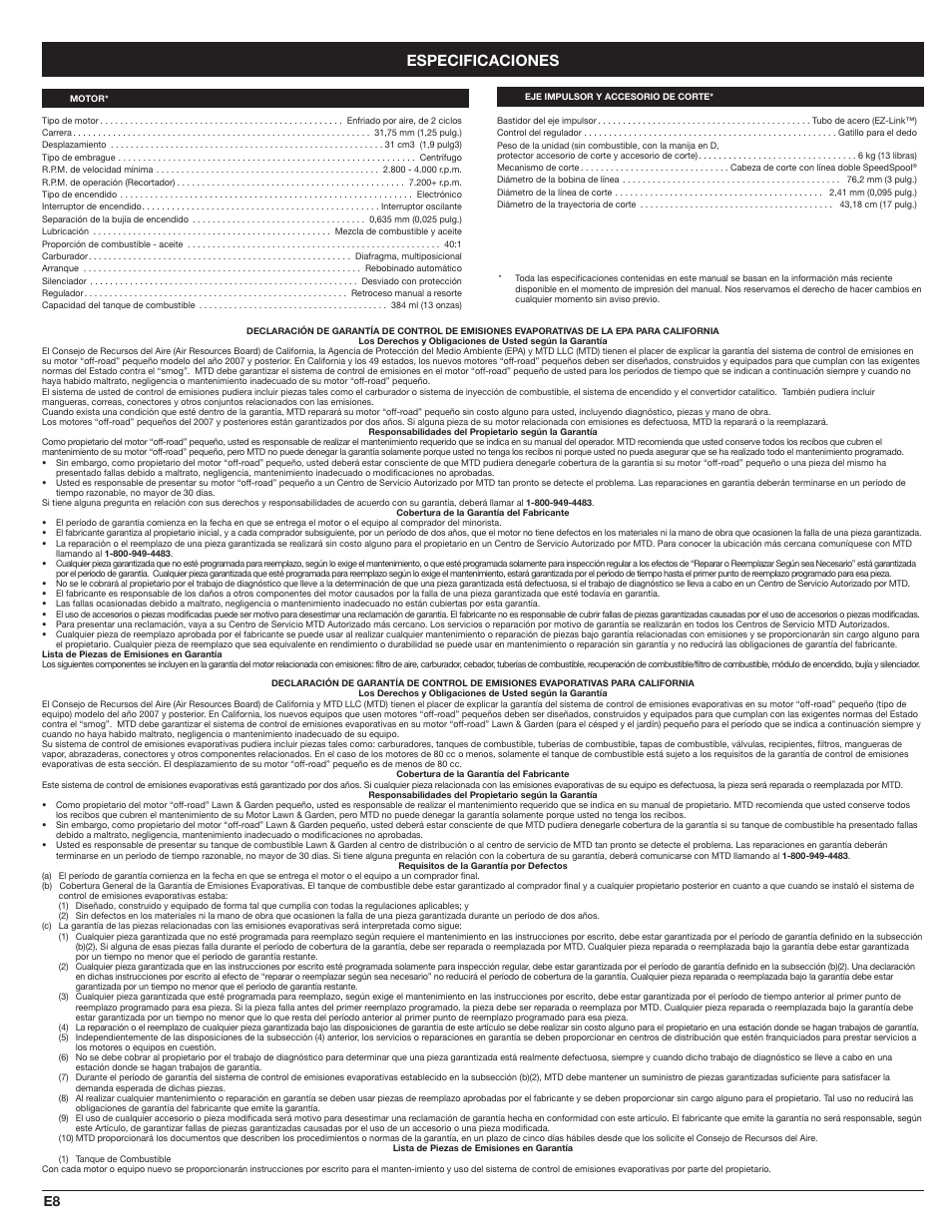 Especificaciones | MTD WH25CS User Manual | Page 24 / 28