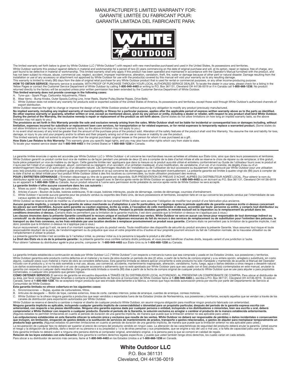 White outdoor llc | MTD WH25CS User Manual | Page 28 / 28